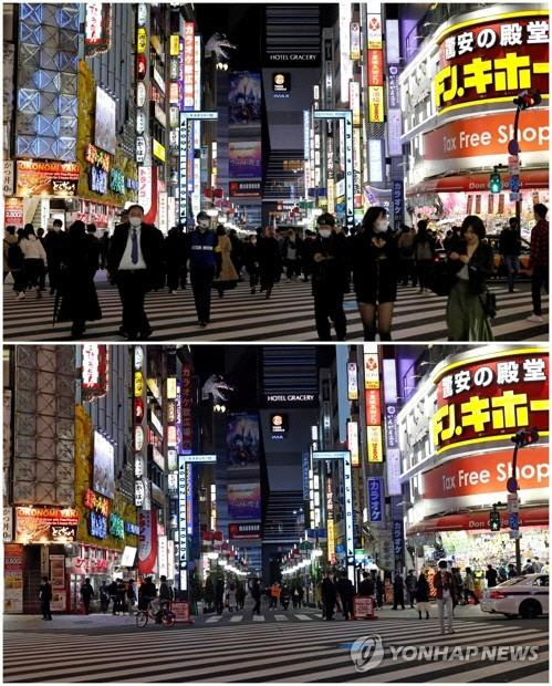 코로나19 확산을 막기 위해 긴급사태가 선언된 다음날인 지난 8일 저녁 도쿄 번화가인 가부키초 모습(아래 사진). 지난달 27일 저녁(위쪽)과 비교해 행인이 눈에 띄게 줄었다.   [도쿄=로이터 연합뉴스]